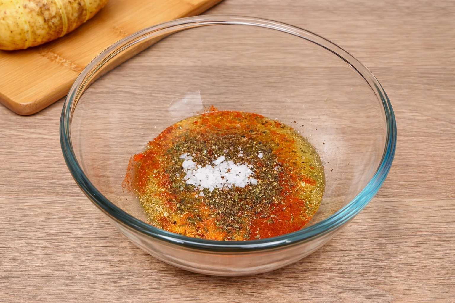 Garlic butter and spices mixed in a bowl for hasselback potatoes