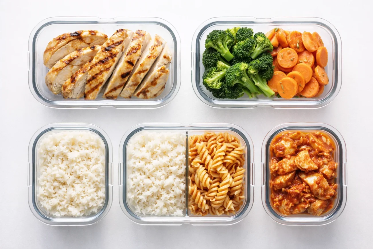 Cooked chicken, rice, pasta, and vegetables stored in airtight meal prep containers for safe fridge storage