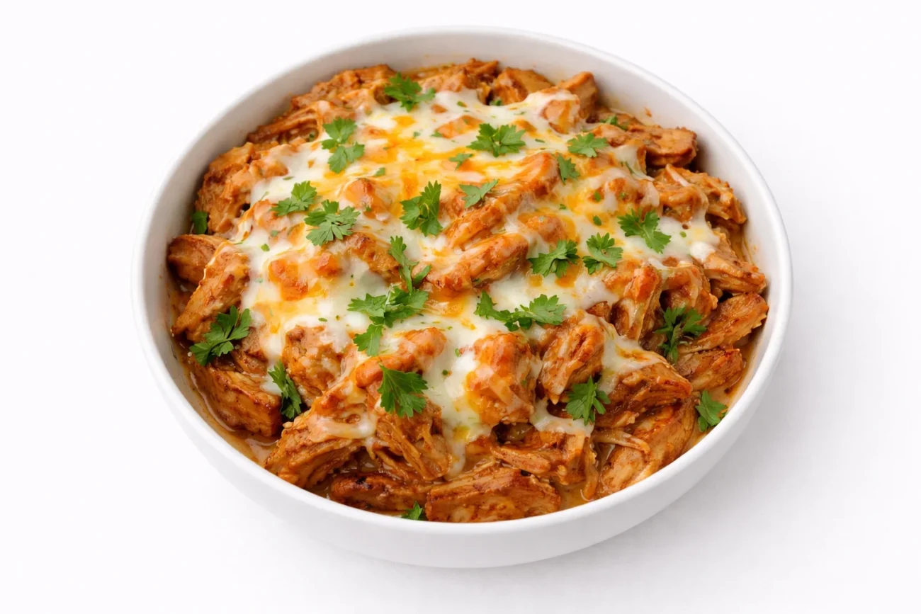 loaded buffalo chicken fries topped with melted cheese and fresh parsley in a white bowl