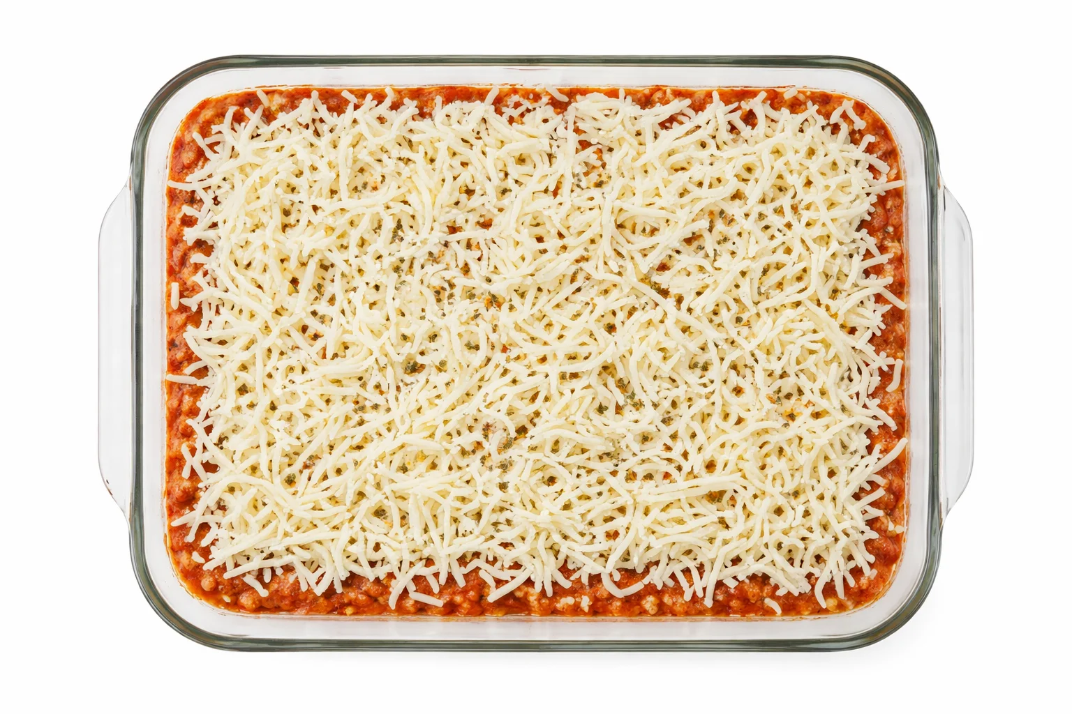 shredded mozzarella cheese layered on ground beef potato casserole before baking