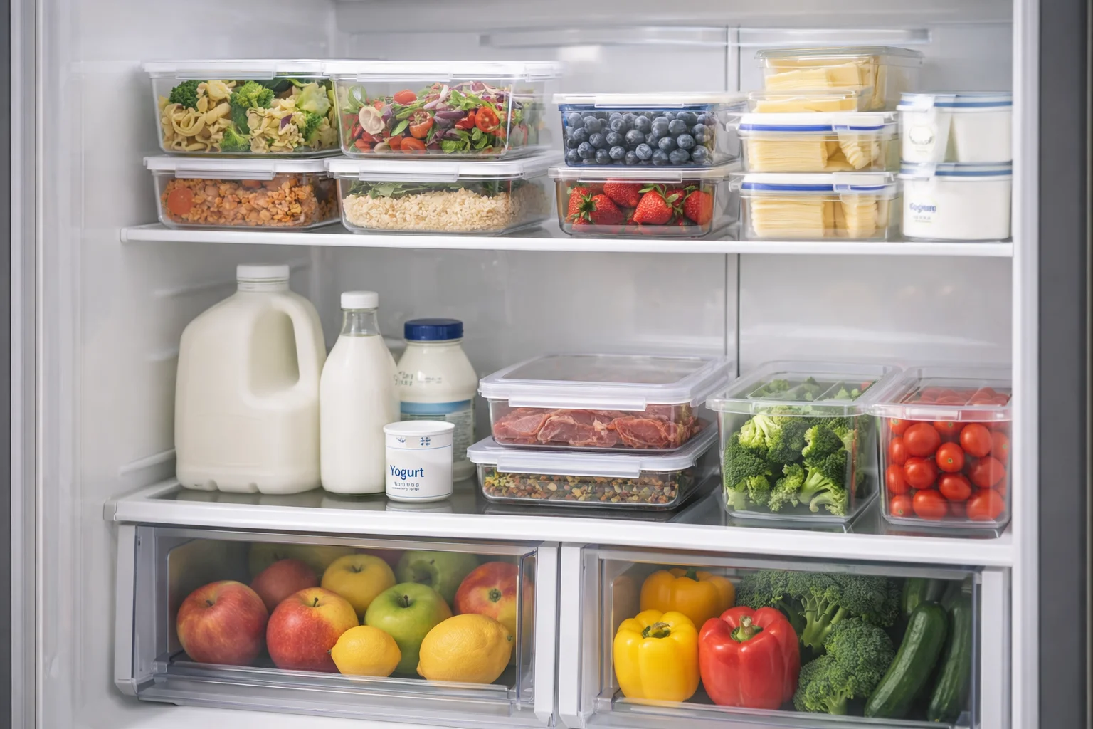 organized refrigerator shelves with vegetables fruit and sealed containers