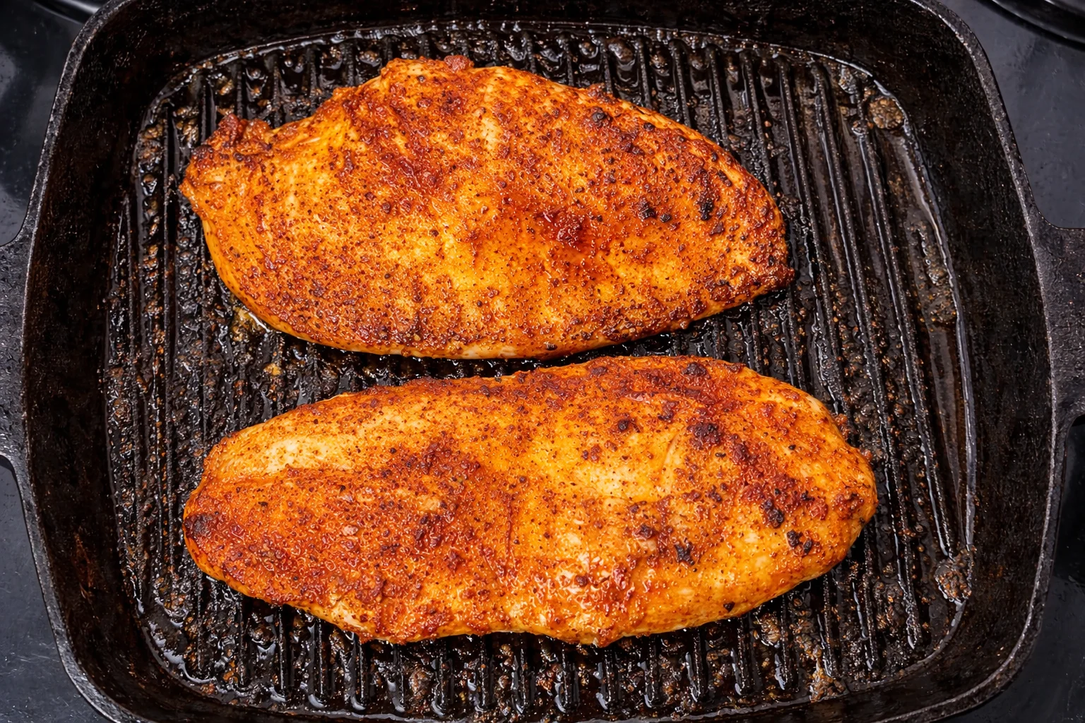 Cajun chicken cooking in a hot pan until golden brown
