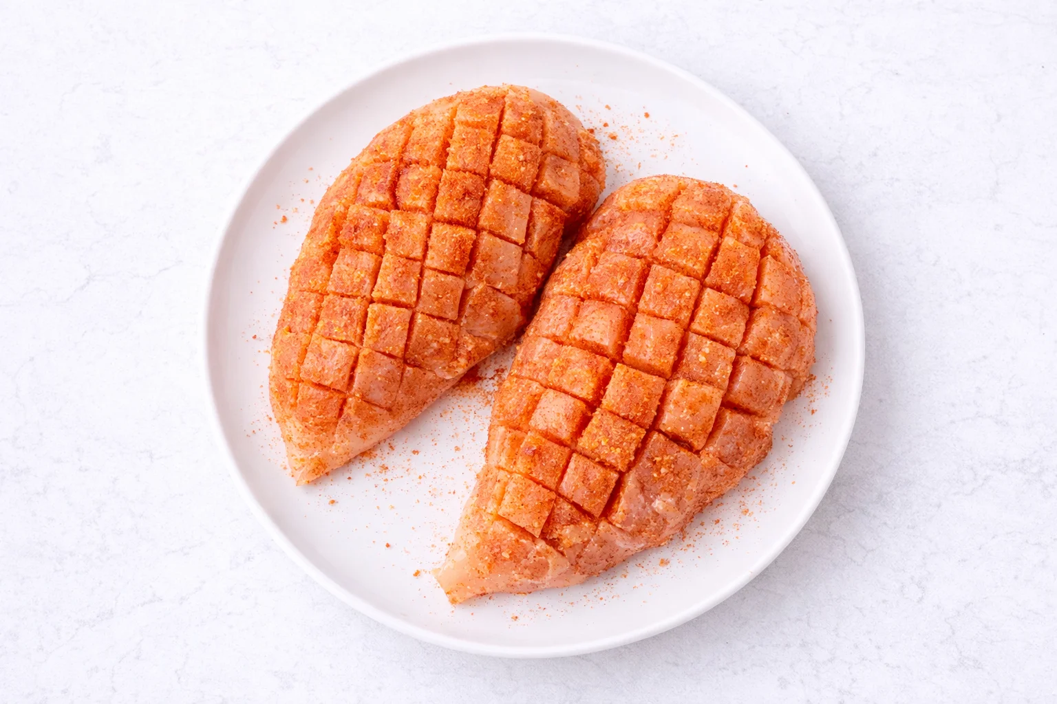 Chicken breast coated with seasoning before air frying