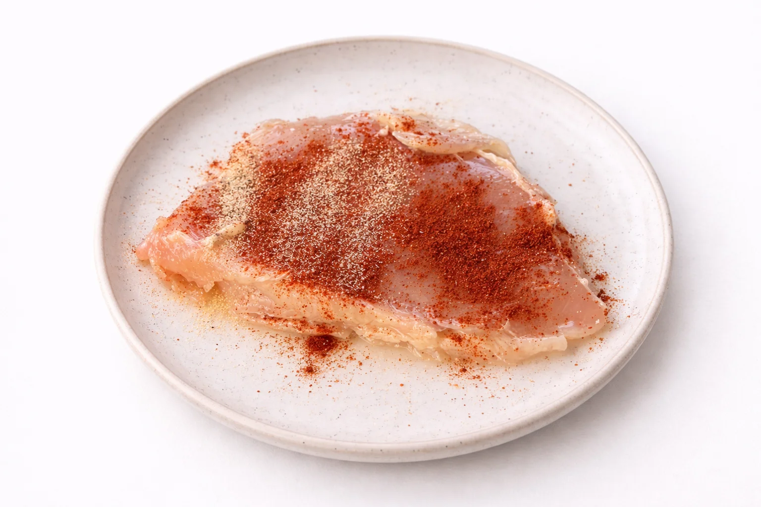 raw chicken breast seasoned with paprika garlic powder salt and pepper on a plate
