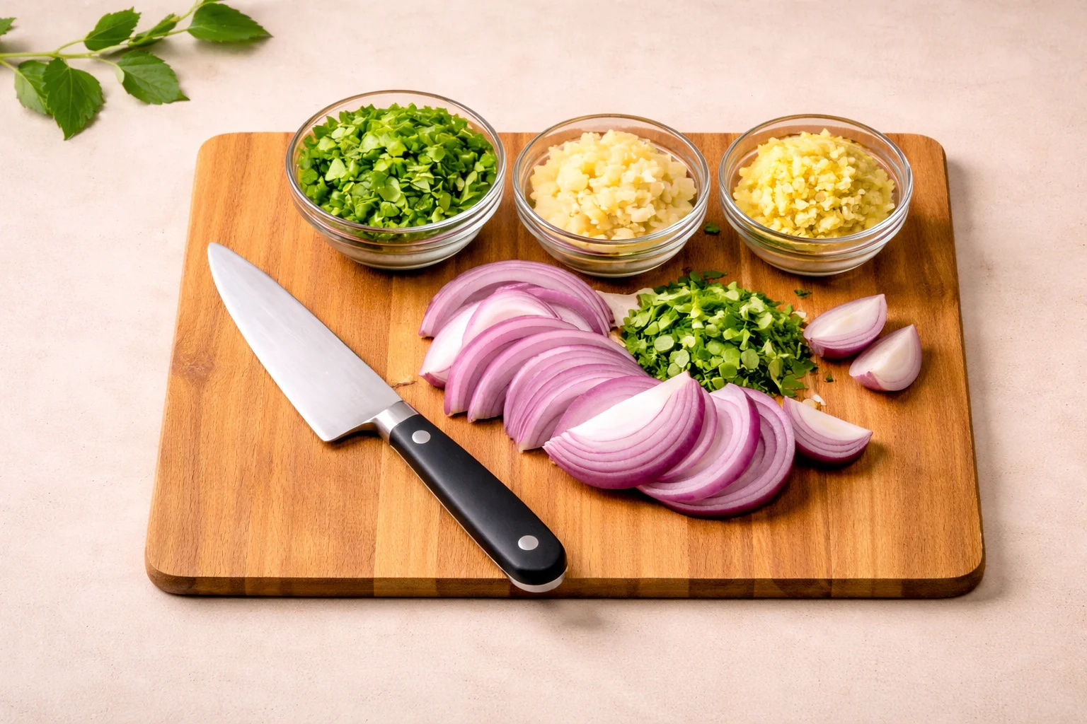 sharp chef knife slicing onions on wooden cutting board