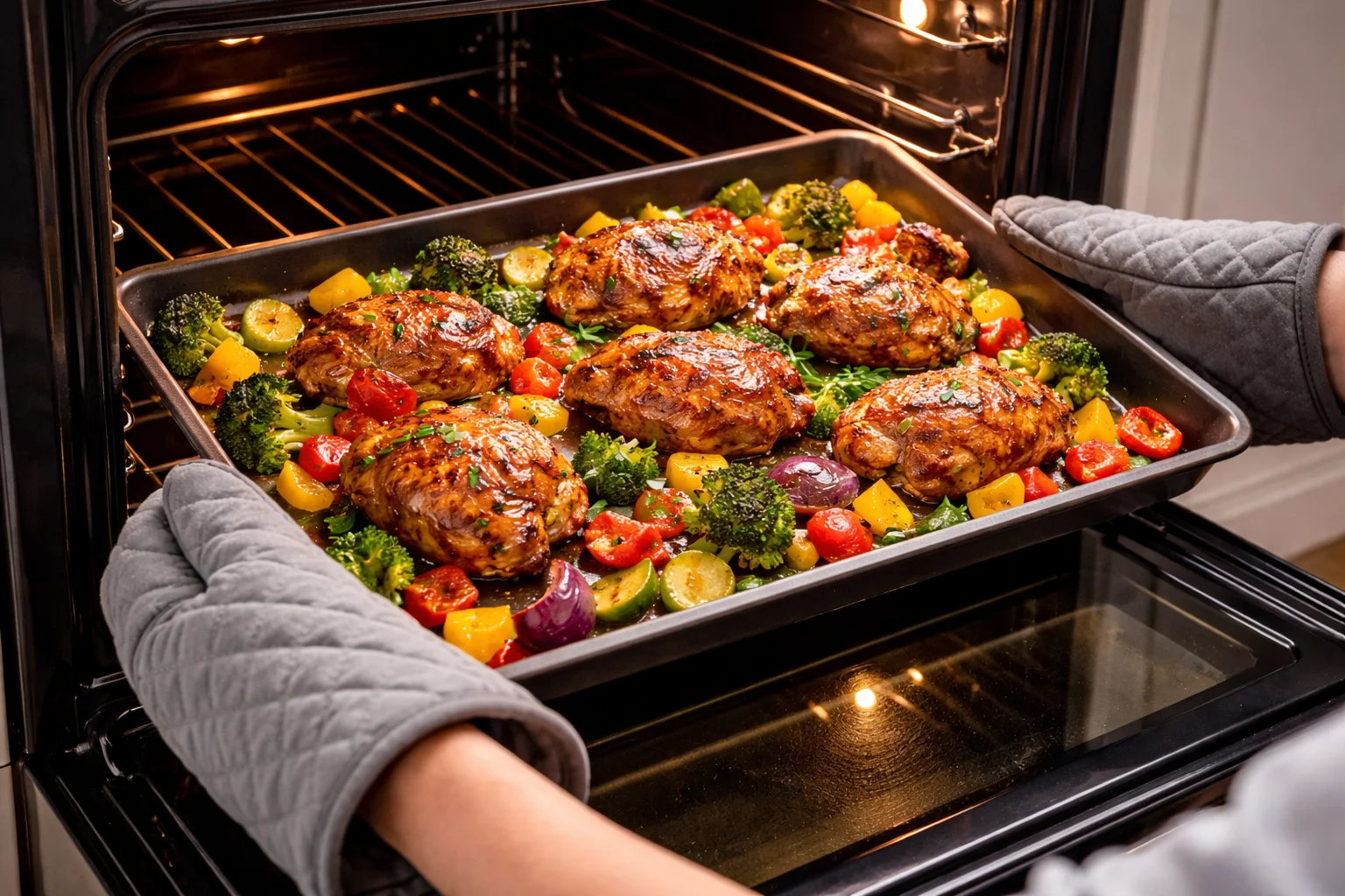 removing hot baking tray from oven using oven mitts