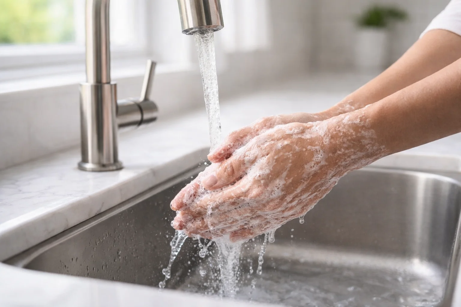 washing hands with soap under running water before preparing food in kitchen sink